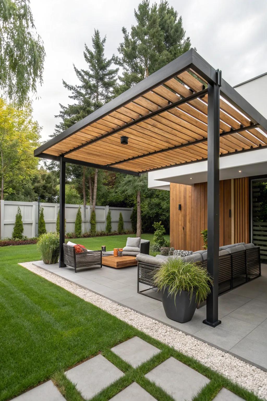 Geometric elements in the awning add a bold, modern touch to the backyard.