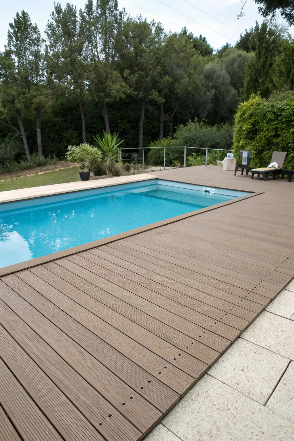 A comfortable pool deck with materials that remain cool in the sun.