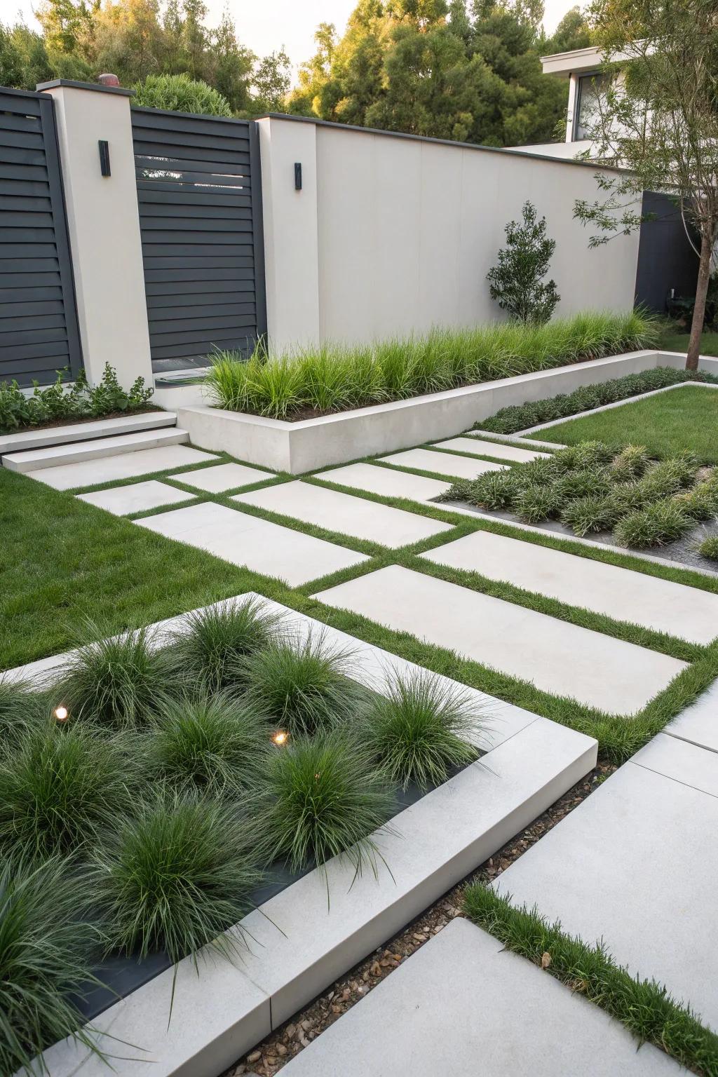 Mondo grass complements the sleek lines of a modern minimalist garden.