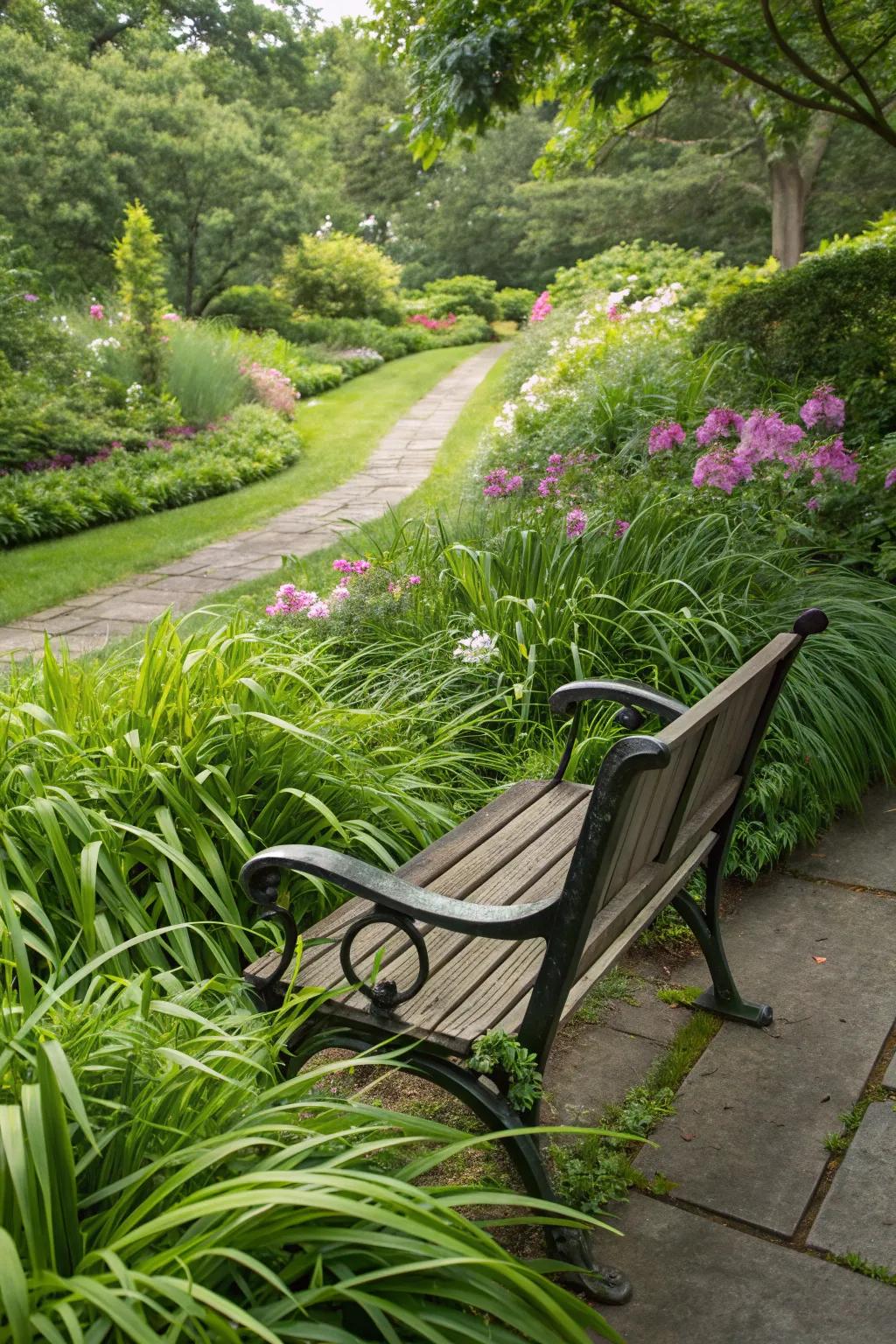 Frame garden features with monkey grass for added impact.