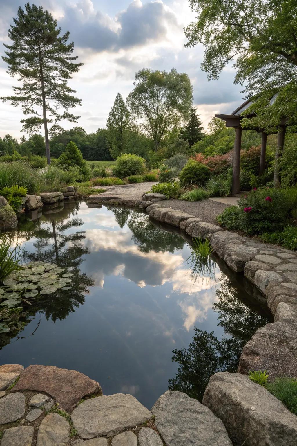 A reflective pond that mirrors the beauty of the sky.