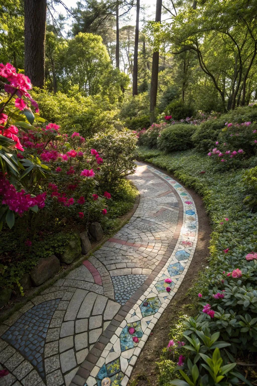 Reflective tiles add light and intrigue to this shaded garden path.