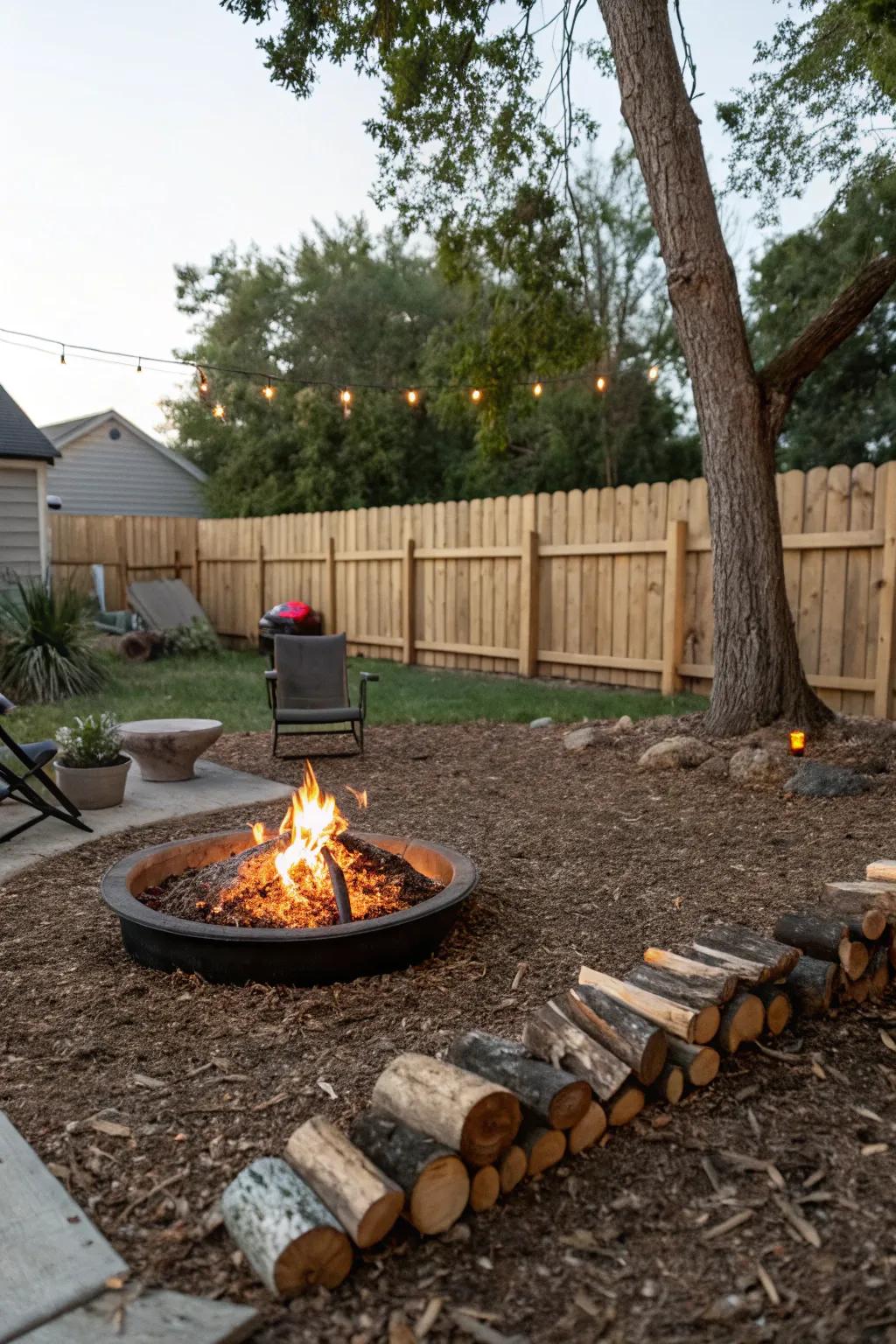 Cozy fire pit area with mulch, perfect for gatherings.