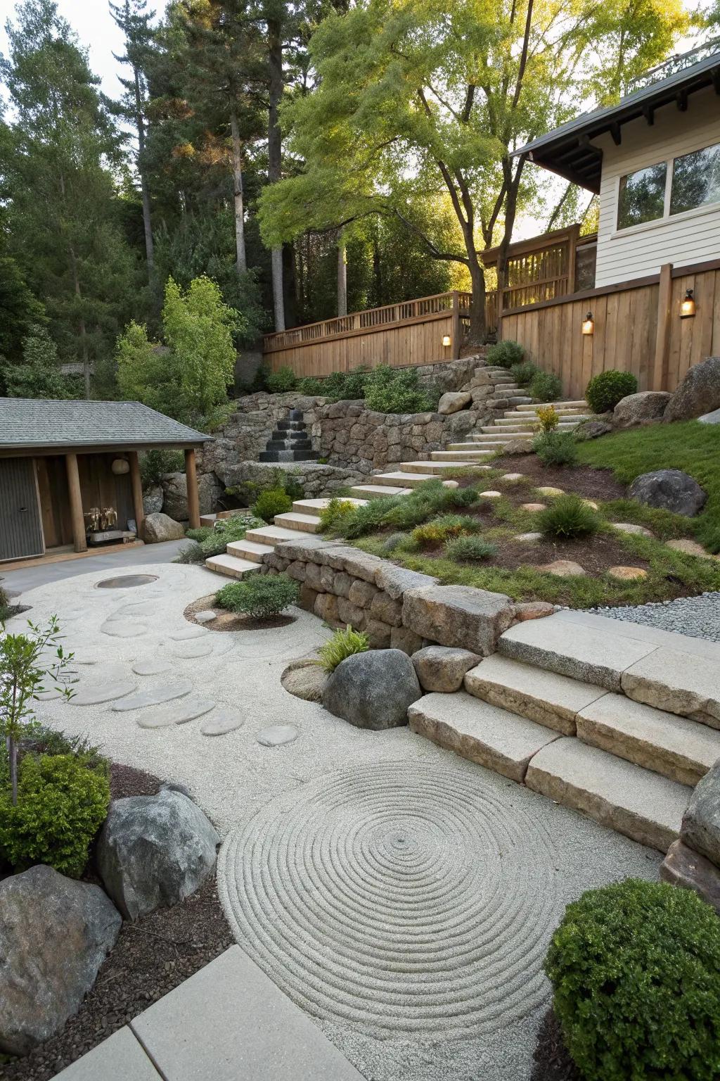 A Zen garden offers a serene space for meditation.