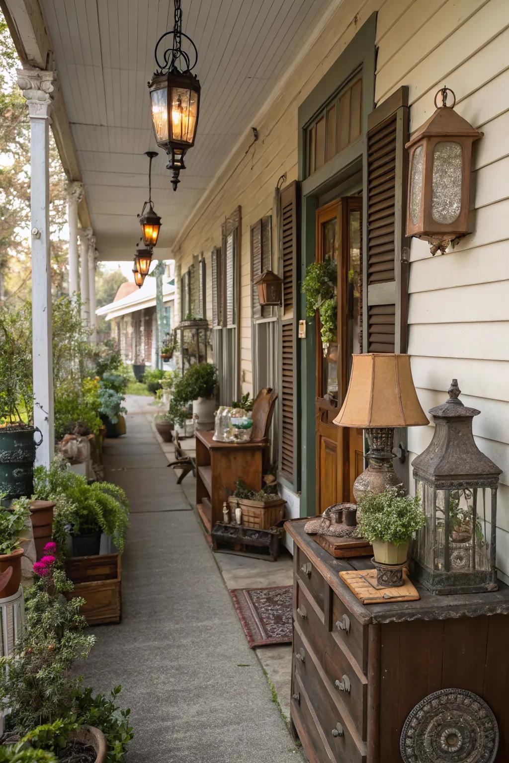Vintage items bring nostalgic charm to a narrow porch.