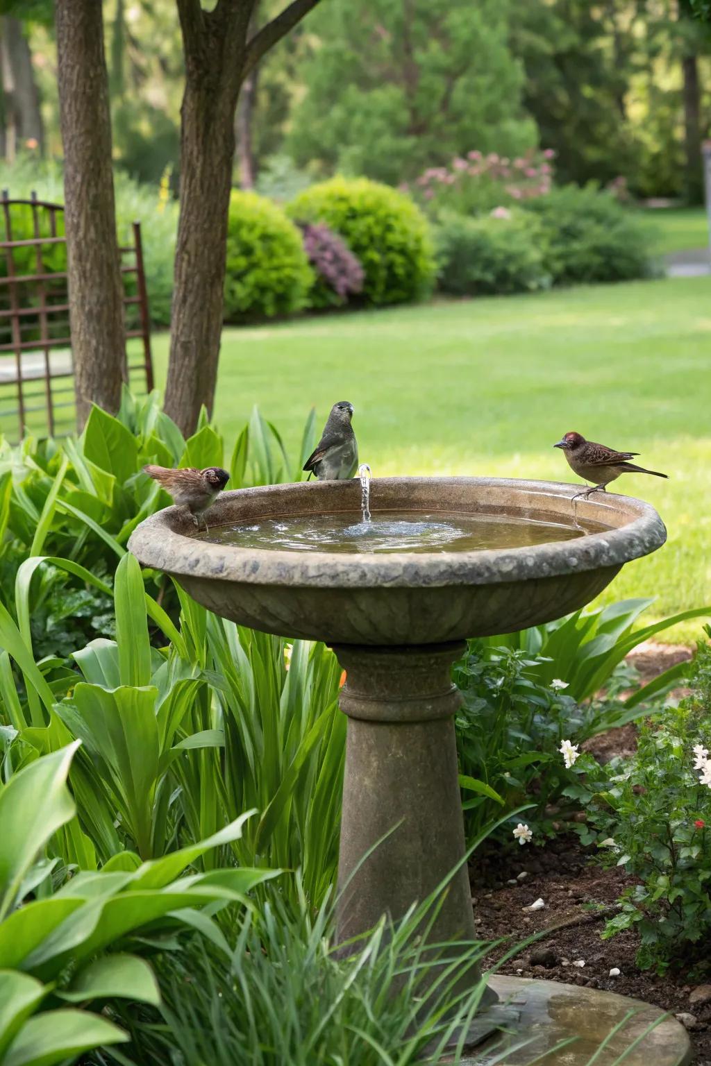 A birdbath in the garden, attracting various visiting birds.