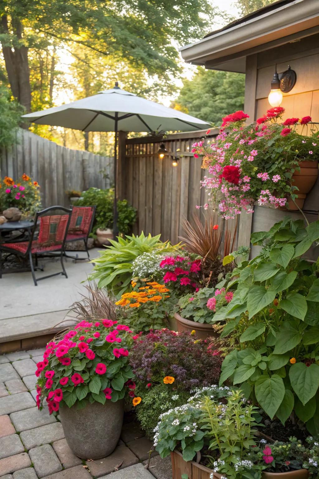 Seasonal planting corners add color and life to the patio.