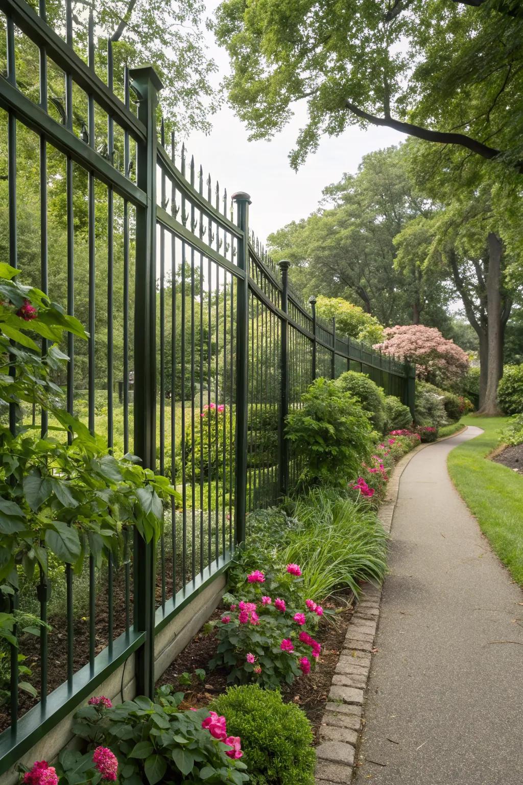 A mirrored fence creating the illusion of a larger garden by reflecting its surroundings.