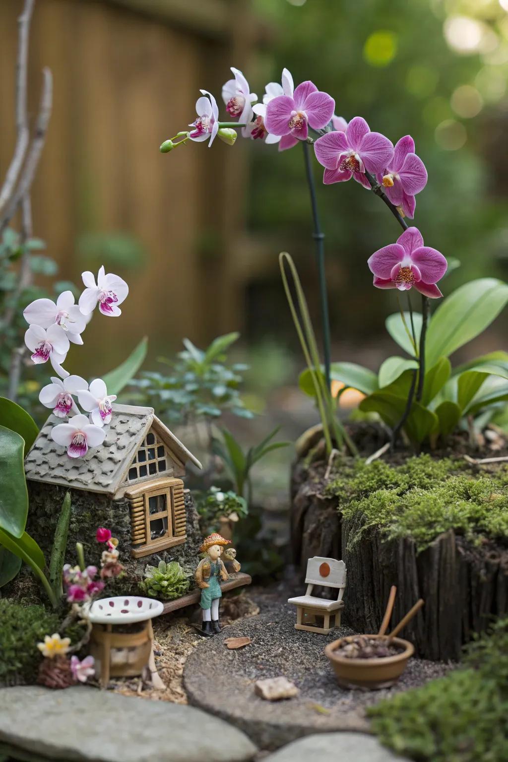 A fairy garden with orchids invites whimsy and imagination.
