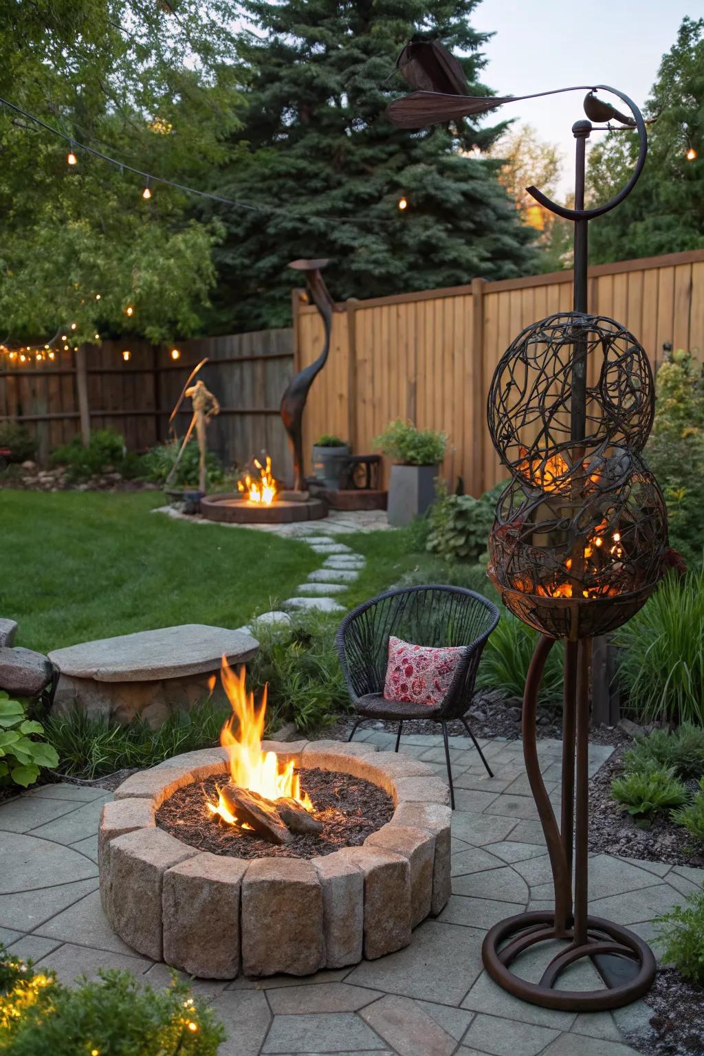 Artistic sculptures add a creative flair to your fire pit setup.