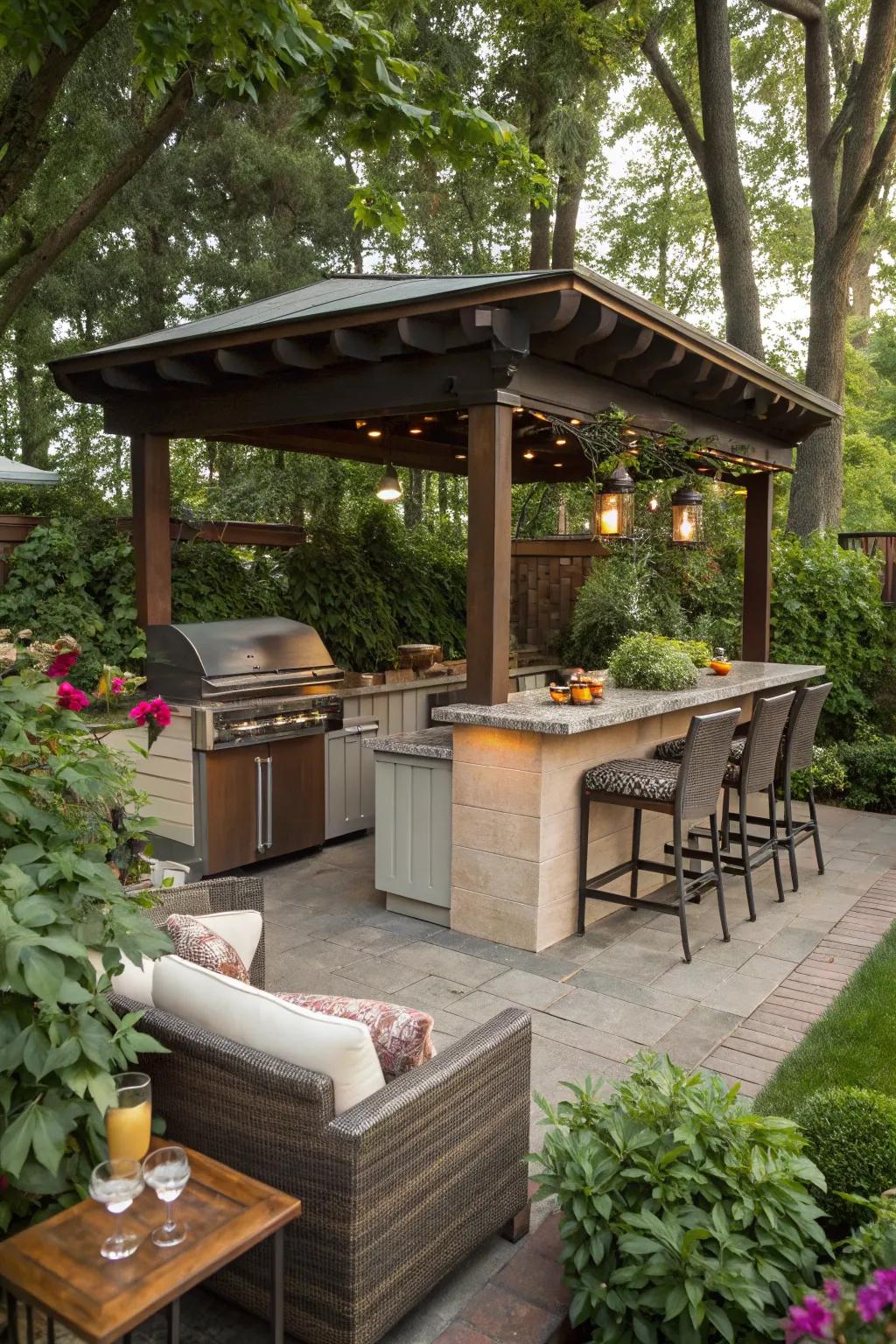 A built-in grill makes outdoor cooking and serving easy.