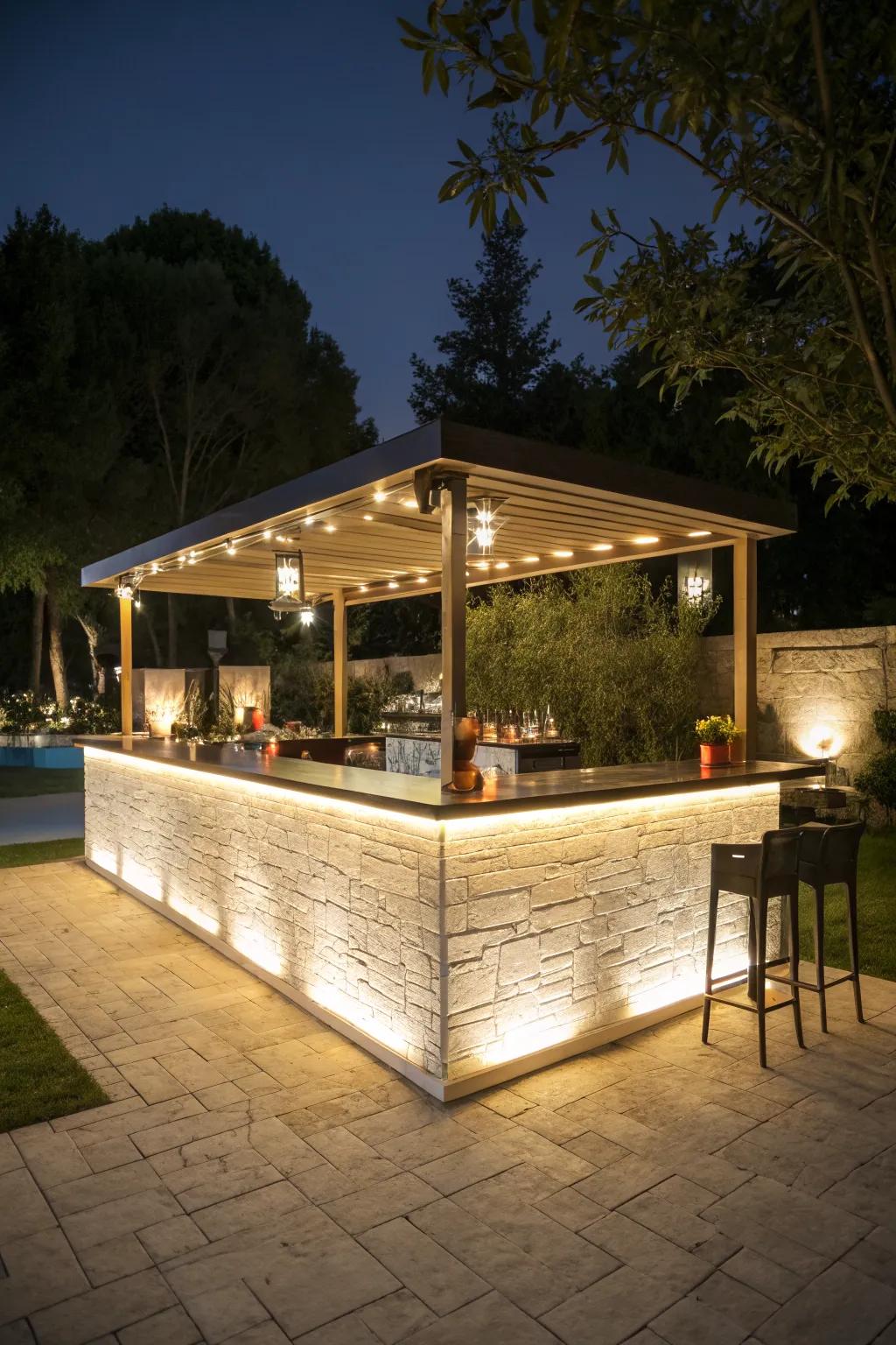Integrated lighting enhances the bar's design.