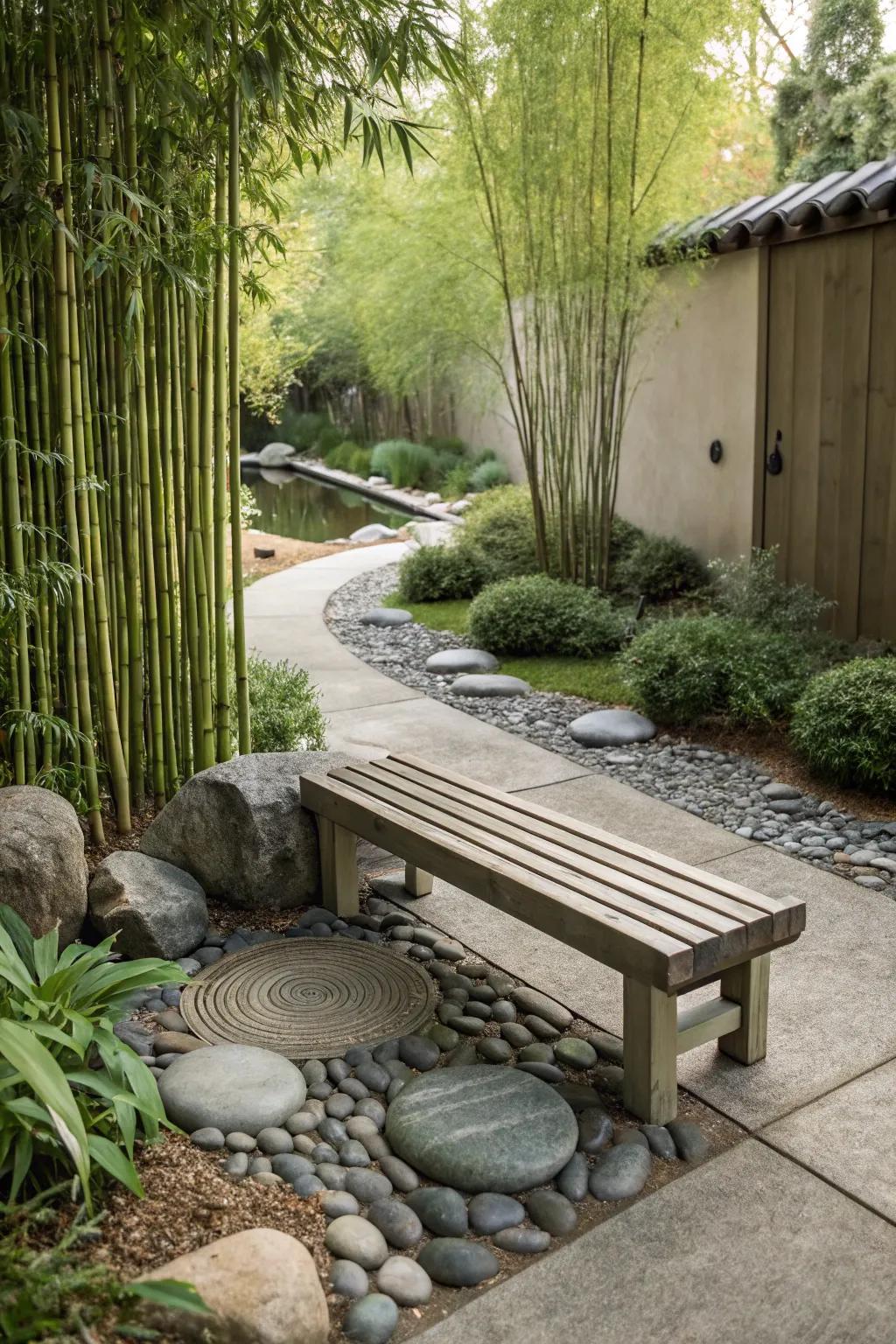 A Zen-inspired bench with stone accents in a tranquil garden.