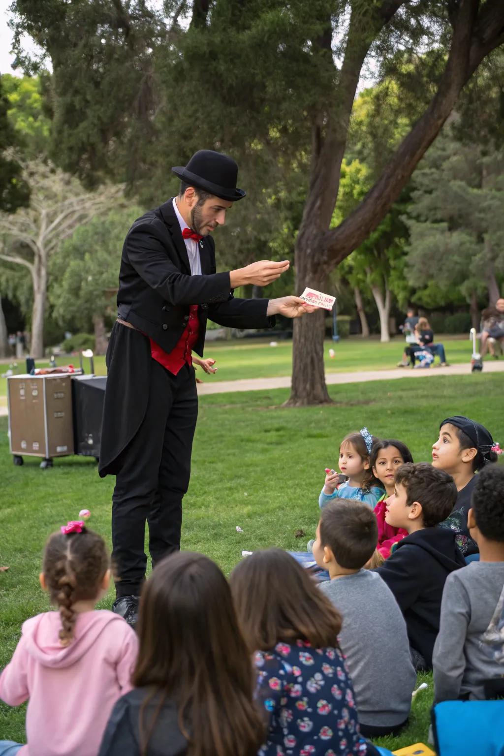A magician captivating children with enchanting tricks in an outdoor setting.
