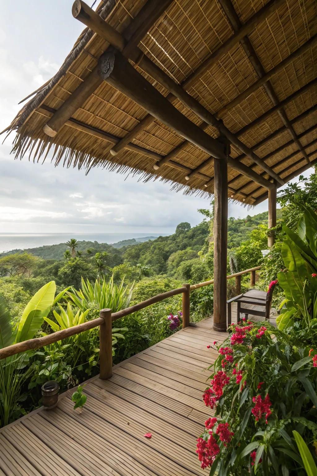 A bamboo-roofed deck for a tropical retreat.
