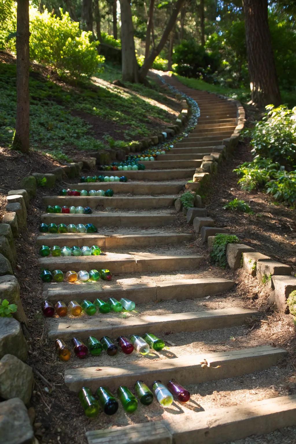 Recycled bottle steps add a quirky and sustainable touch.