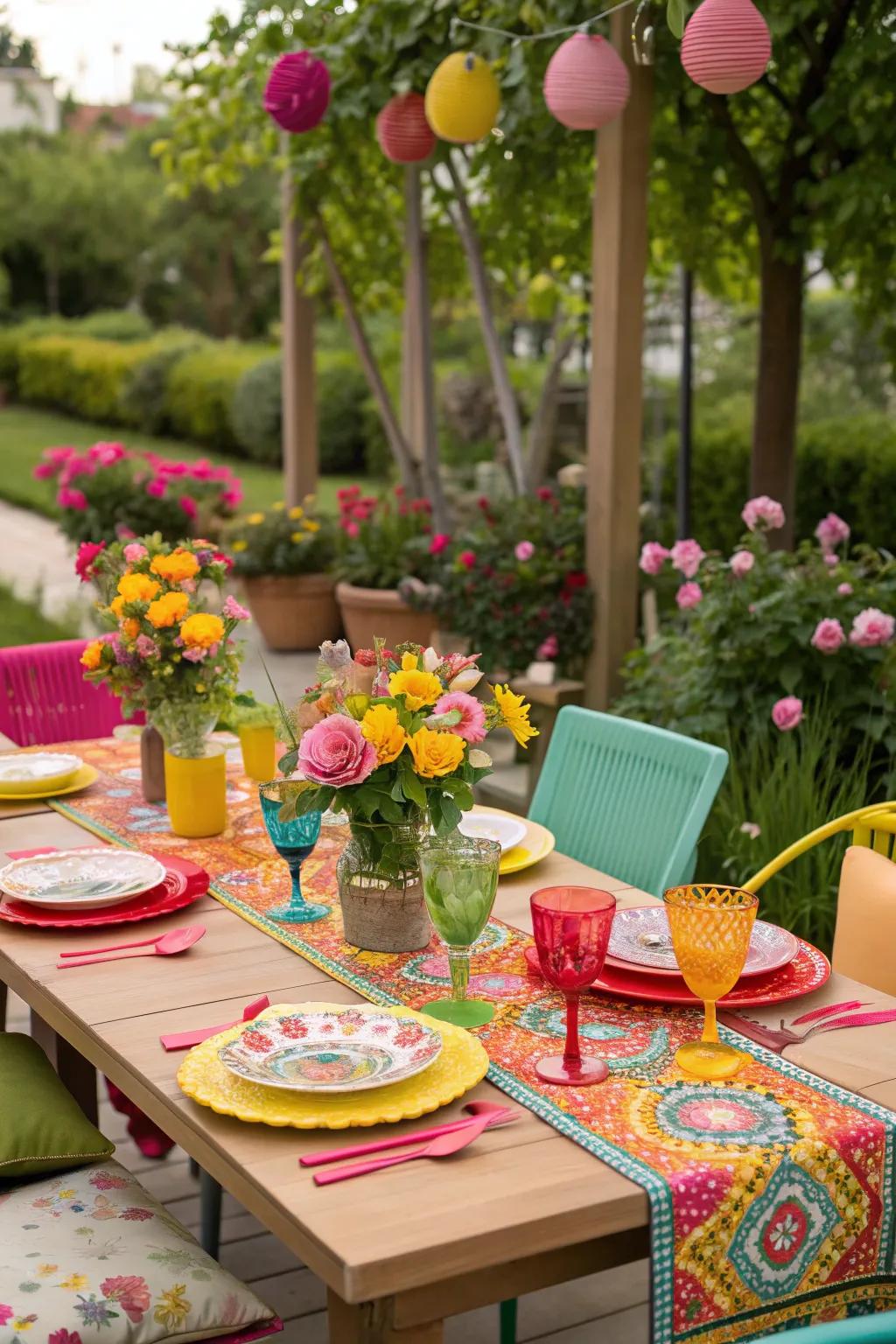 Celebrate in style with a colorful and vibrant outdoor dining arrangement.