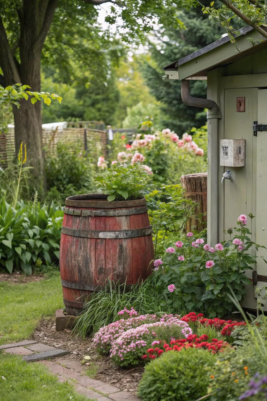 Rustic barrels add charm and concealment to any garden.