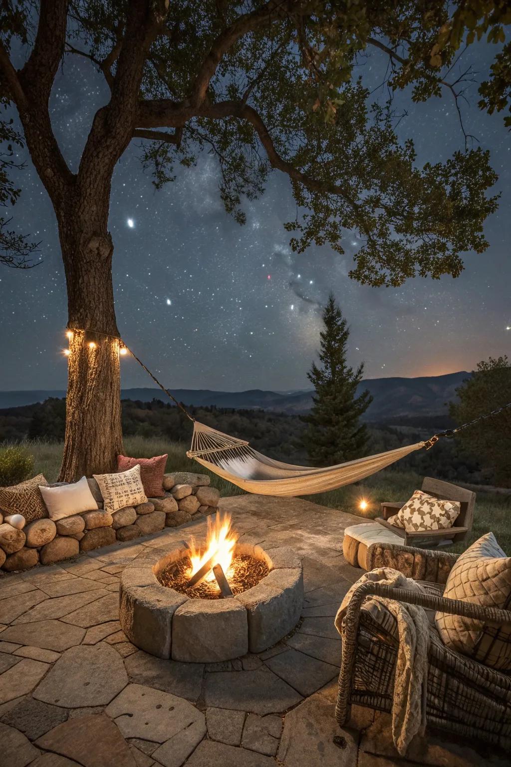 A hammock near a fire pit offers a perfect spot for relaxation and stargazing.