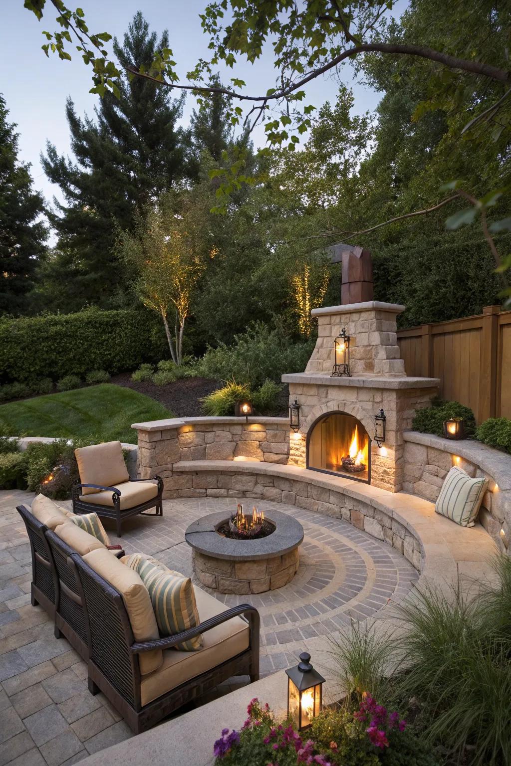 An inviting outdoor fireplace area featuring stylish built-in curved seating.