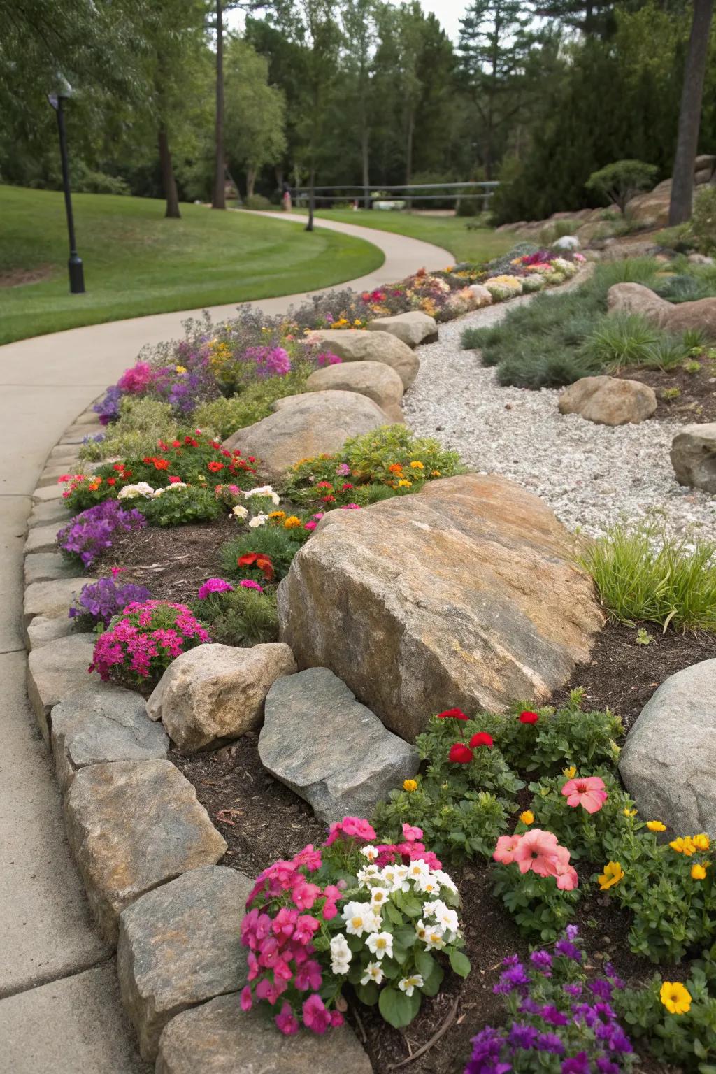 Natural boulders and curves creating a relaxed and seamless garden design.