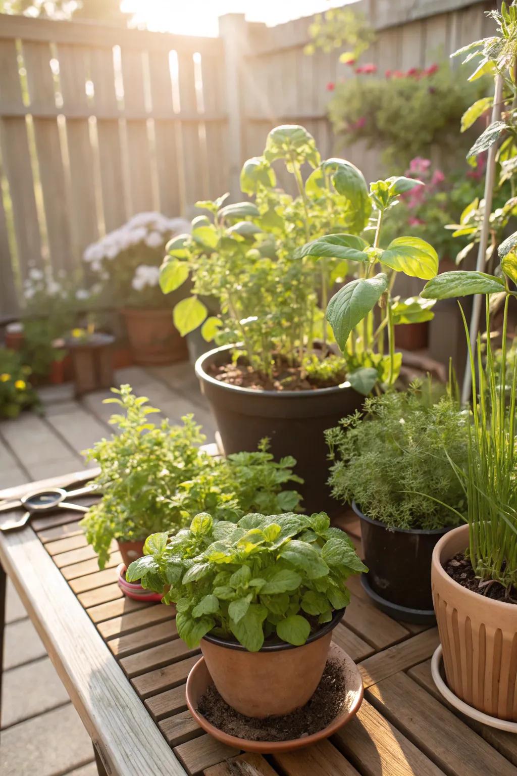A charming miniature herb garden on a sunny patio
