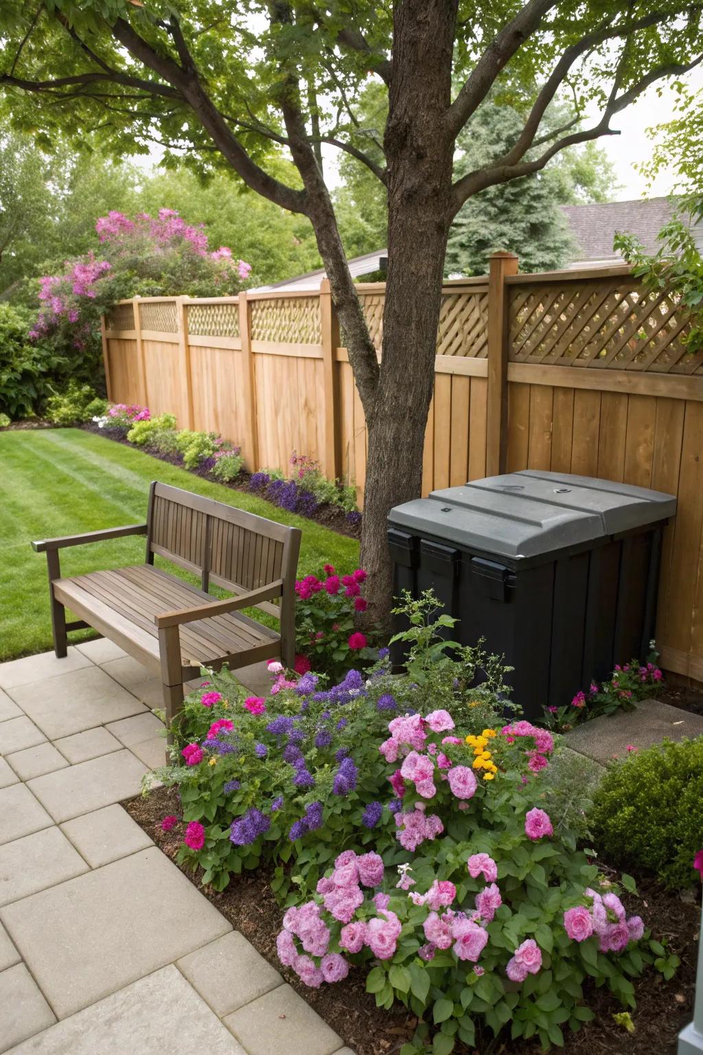 A bench with hidden storage provides seating and conceals garbage bins elegantly.