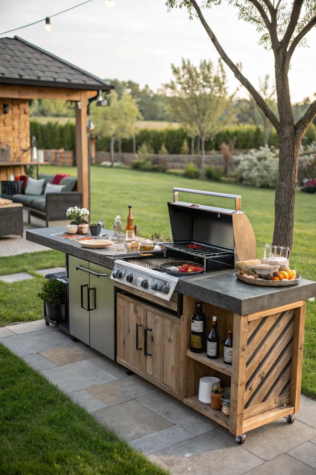 An outdoor kitchen setup is perfect for summer barbecues and entertaining.