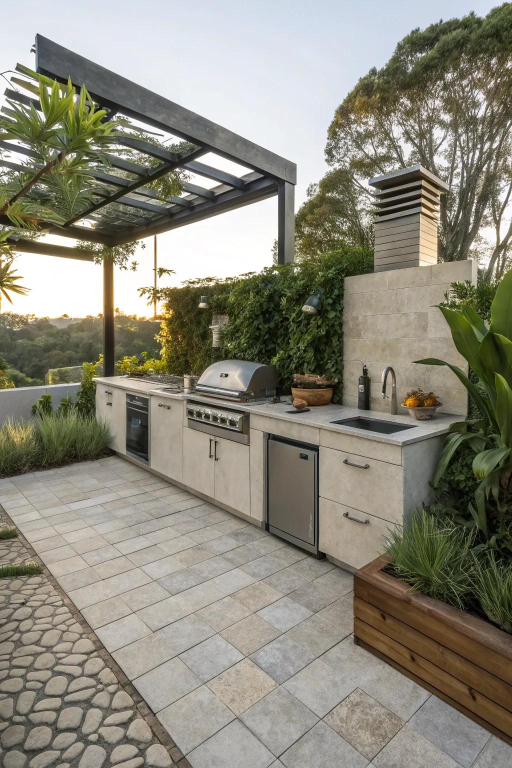 Eco-friendly tiles offering a sustainable option for an outdoor kitchen.