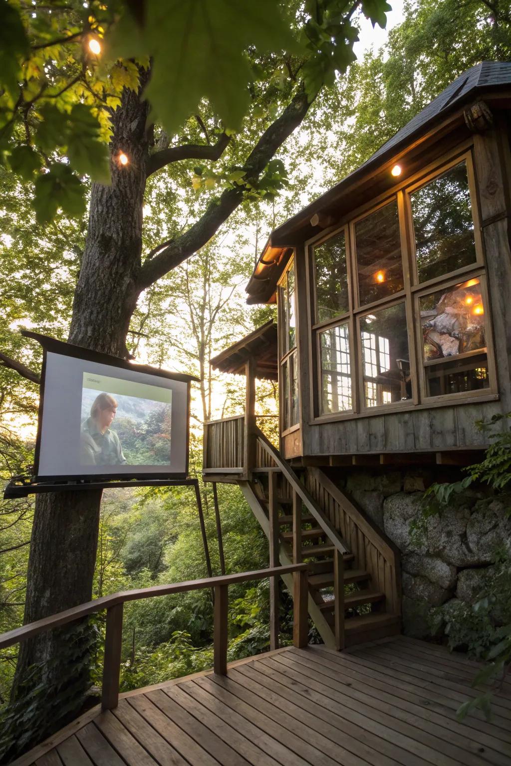Use a treehouse wall for a whimsical and nostalgic outdoor movie experience.