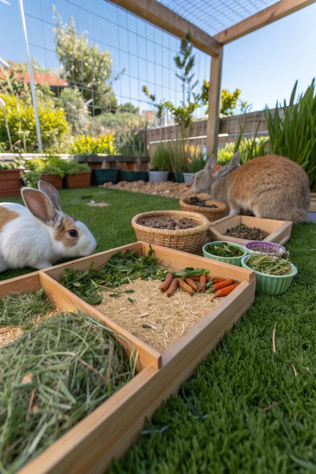 A sensory wonderland for rabbits with diverse textures and scents.