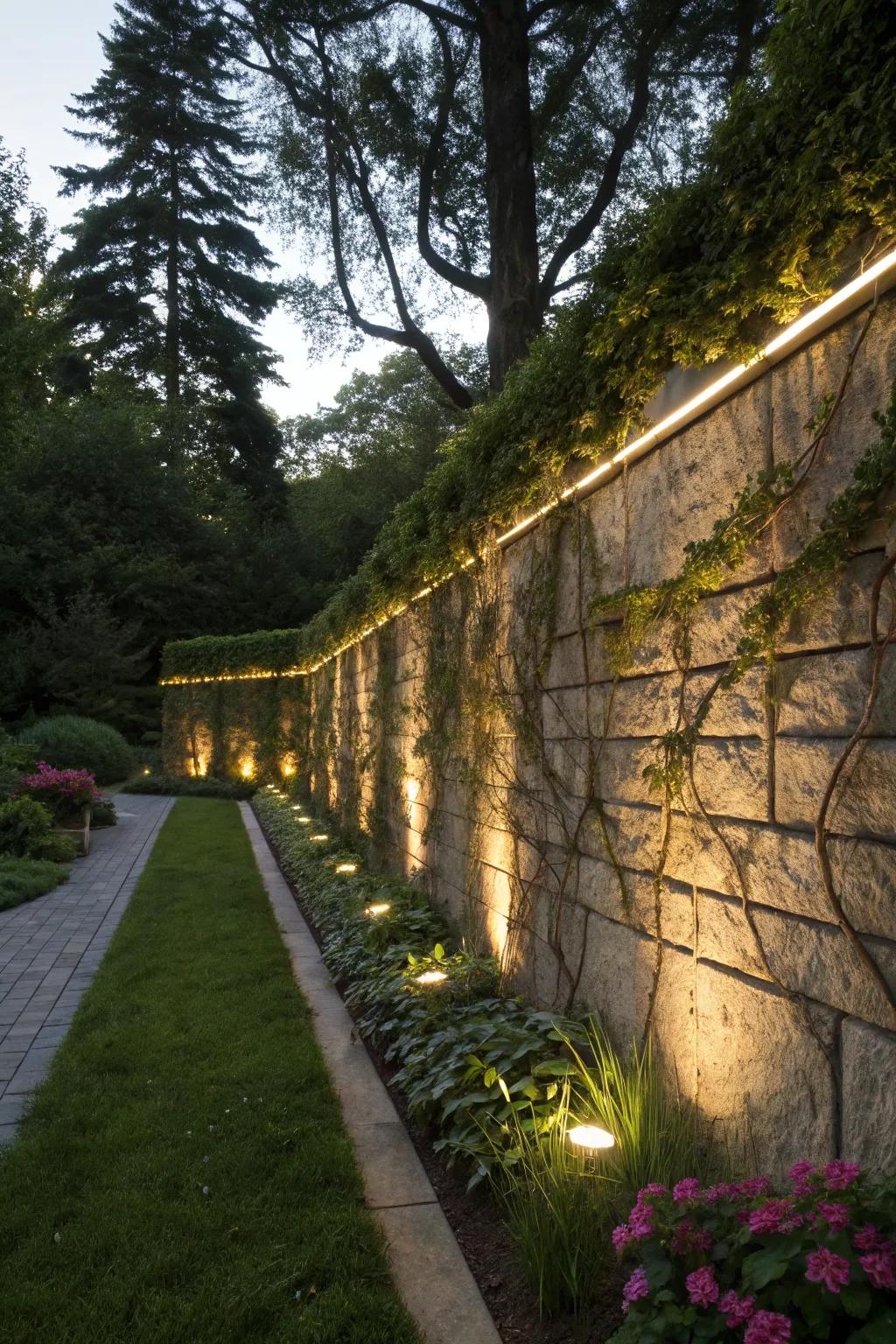 Wall lighting adds depth and intrigue to garden spaces.