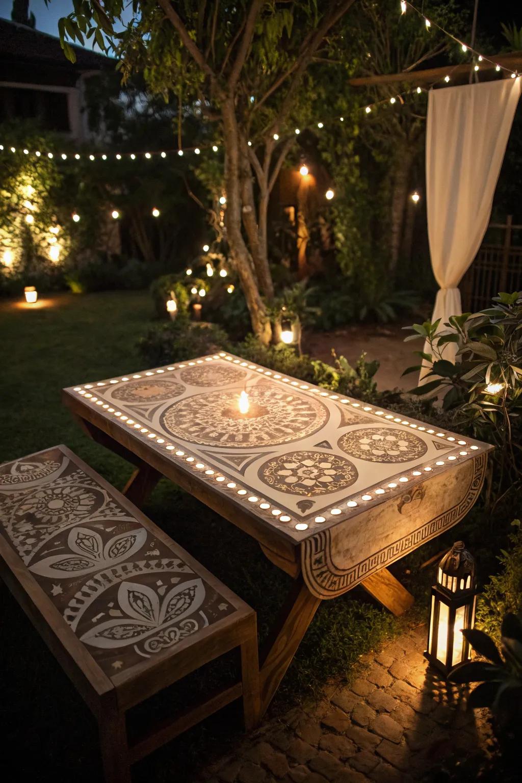 Ambient light projectors create dynamic and enchanting table settings.