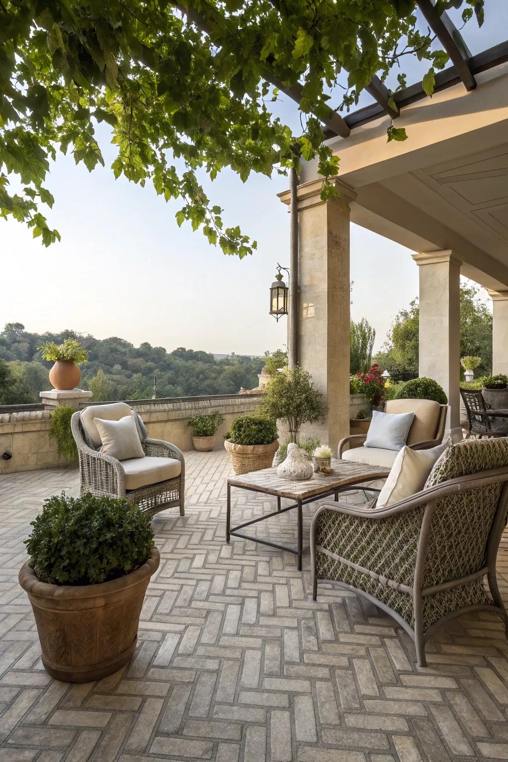 Herringbone patterns bring timeless elegance to any patio.