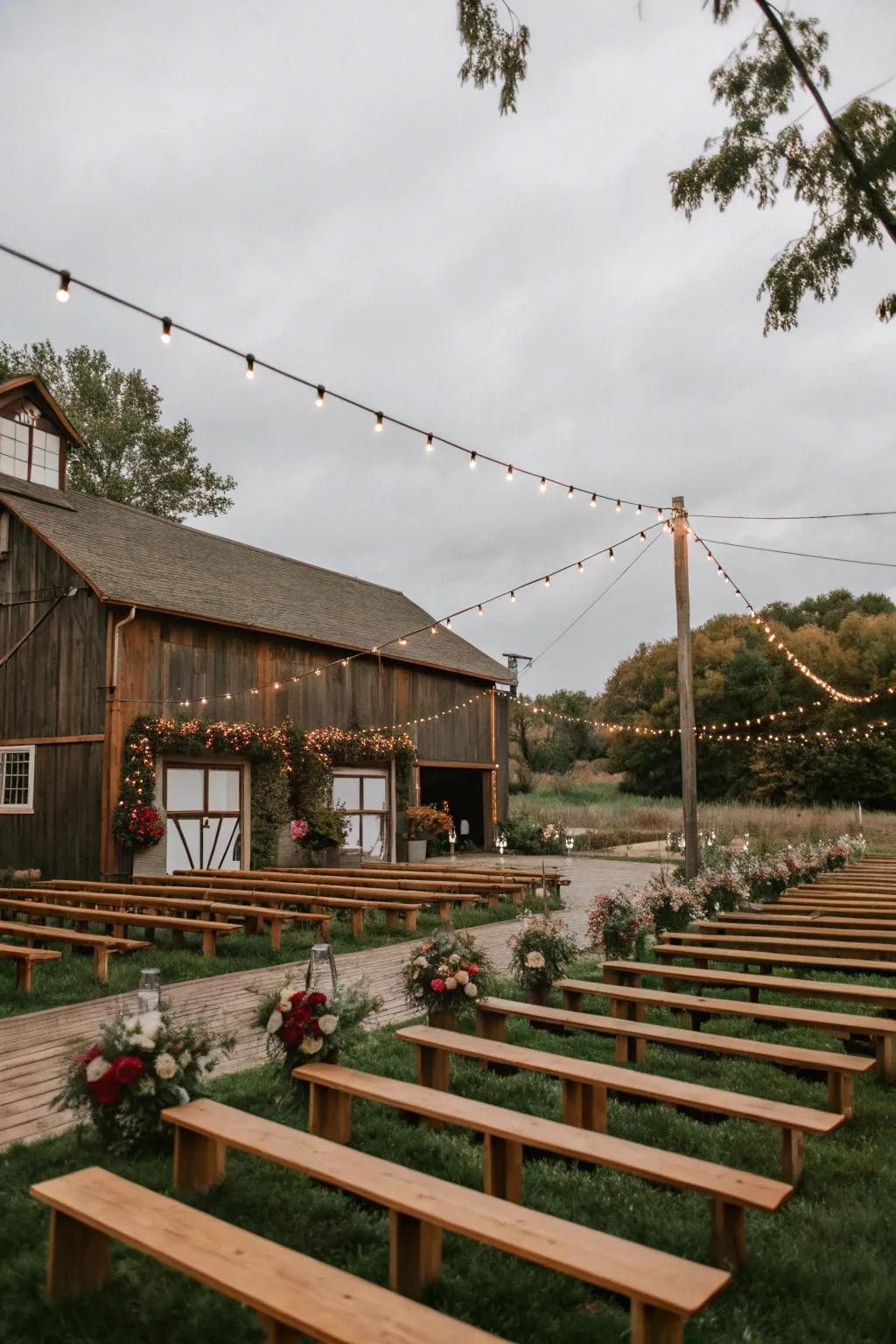 Barn seating blends rustic charm with elegance.