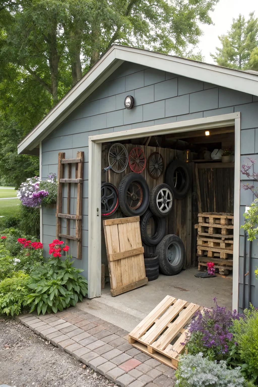 Recycled materials offer eco-friendly and unique garage decor.