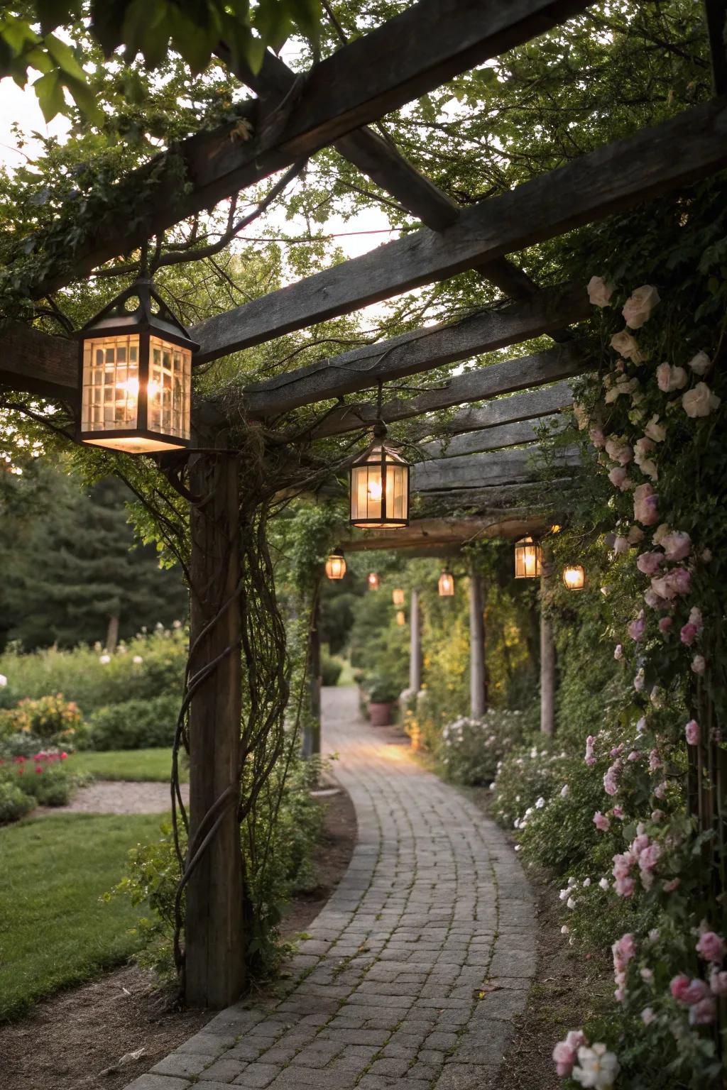 A trellis adorned with lanterns, casting a warm glow over the garden.