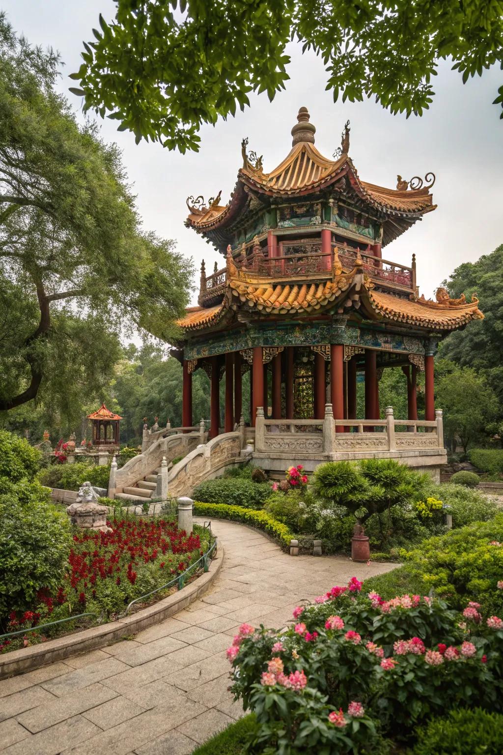An ornate pagoda adds sophistication and grandeur to the garden.