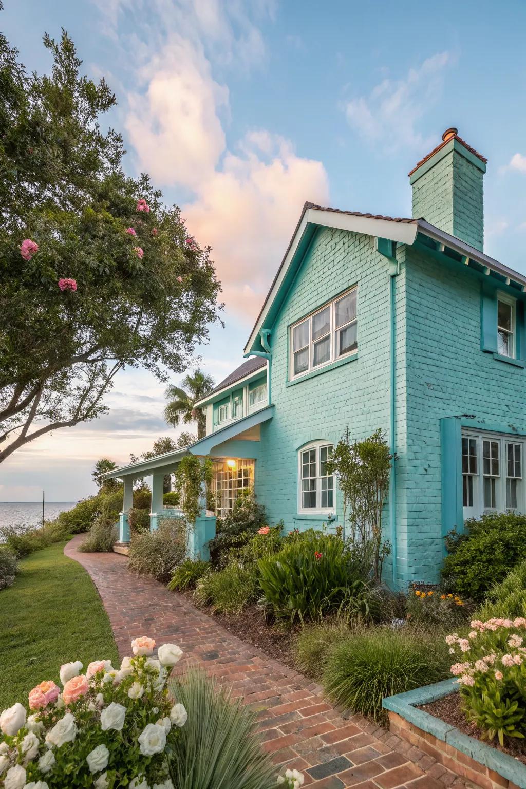 Aqua painted brick offers a cool, refreshing seaside vibe.