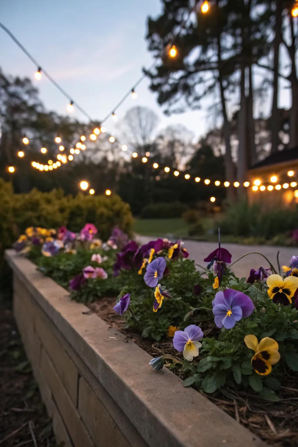 Pansy beds illuminated with twinkling lights for magical evenings.