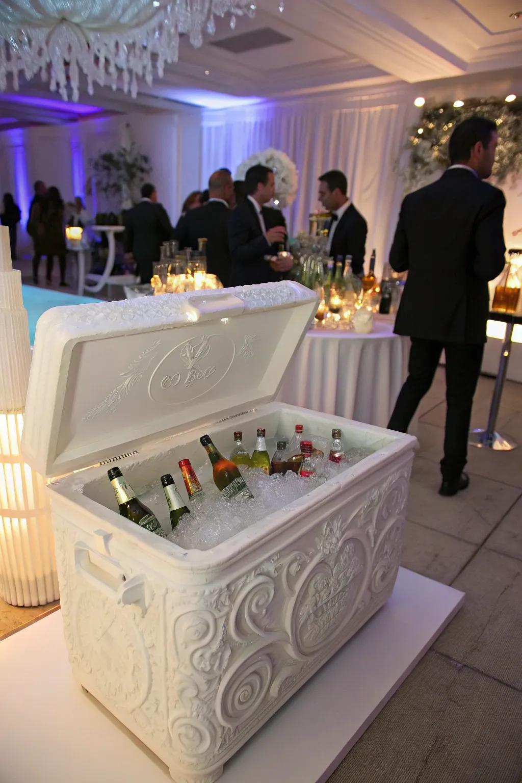 An ice block sculpture cooler offering a unique, artistic touch.