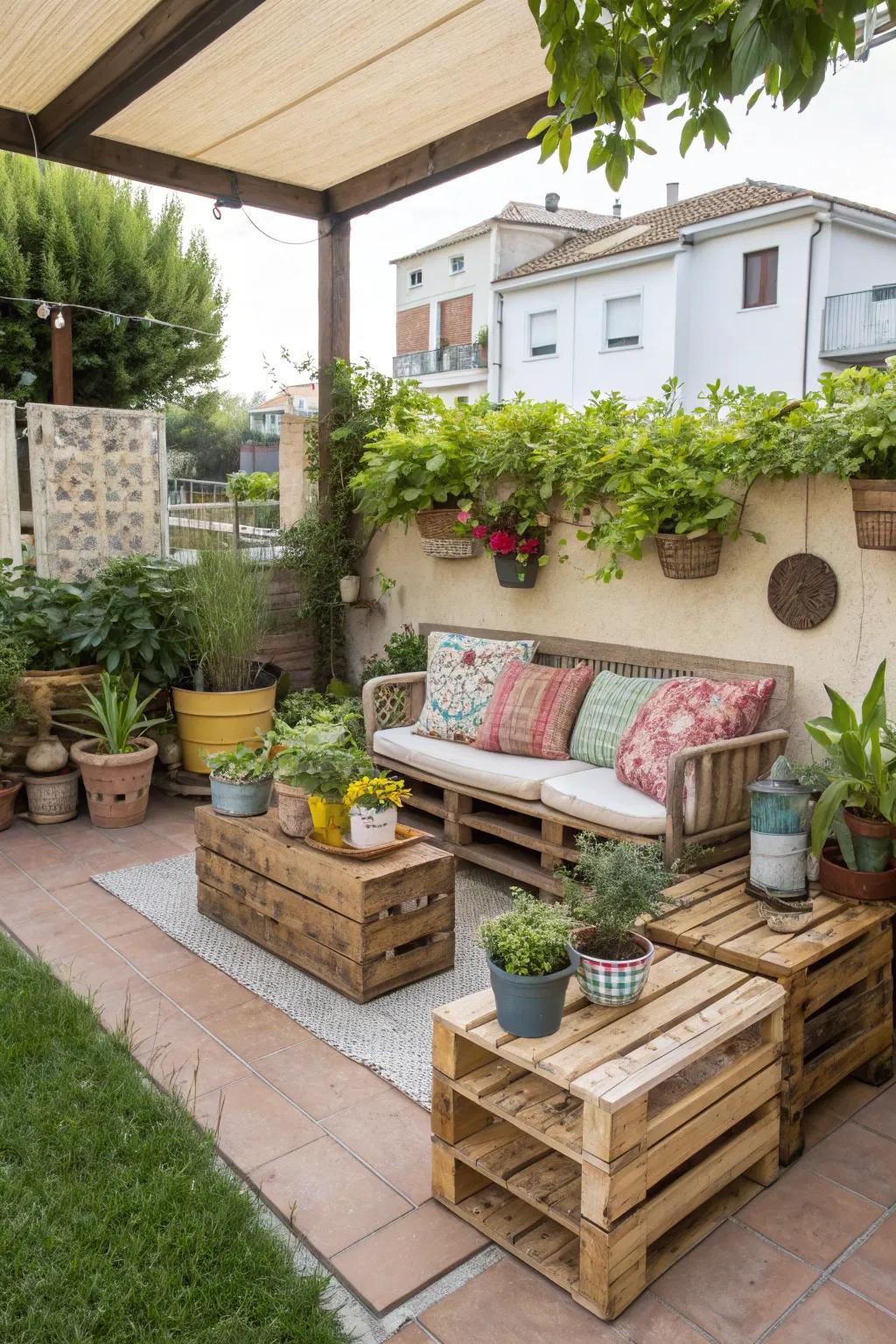 An eco-friendly decorated patio, showcasing sustainable and stylish elements.