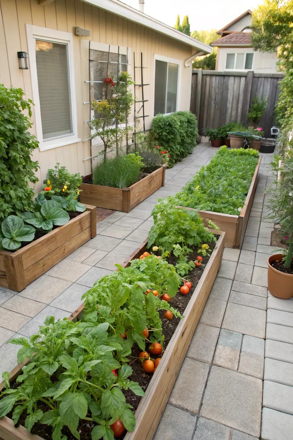 A patio featuring a small, well-organized vegetable garden.