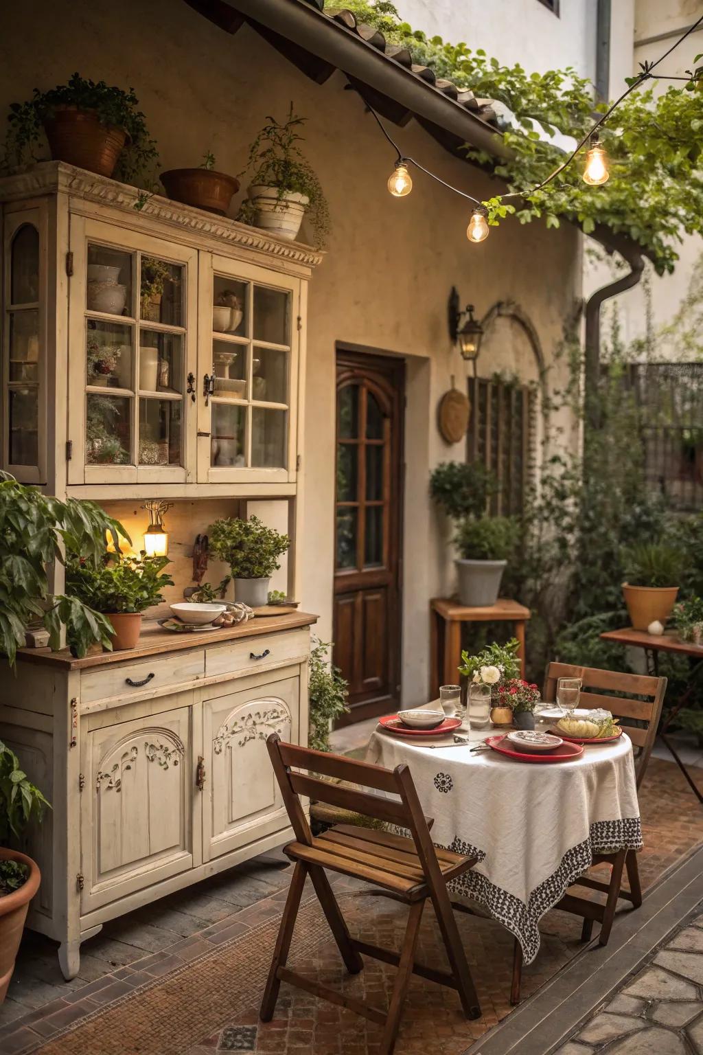 Vintage cabinets infuse your patio with timeless charm.