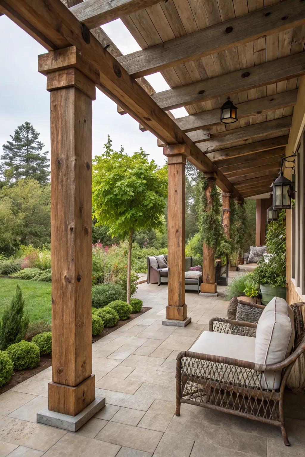 Reclaimed timber columns add unique charm and sustainability.