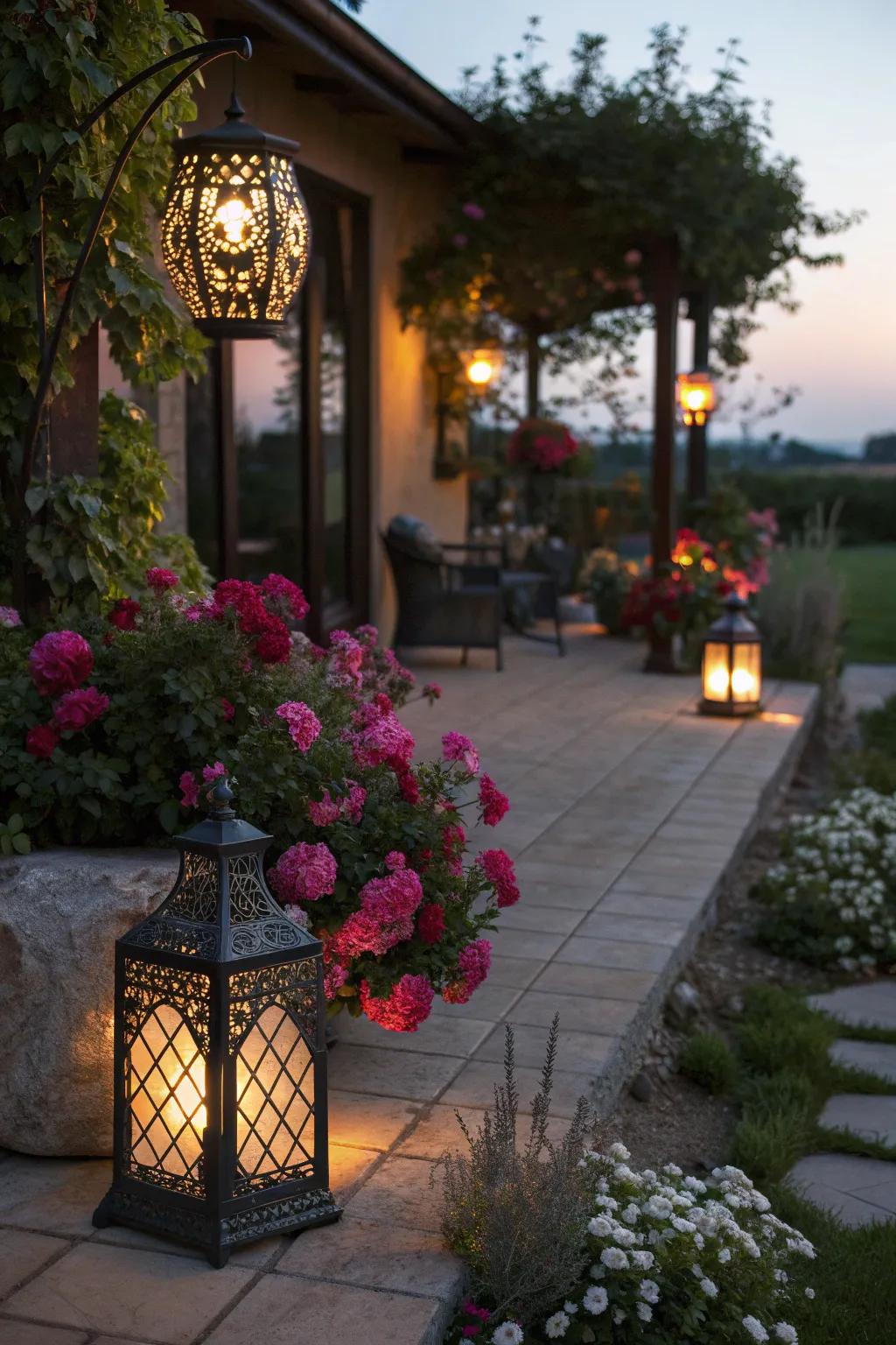 Floral lanterns creating a magical glow on the patio.