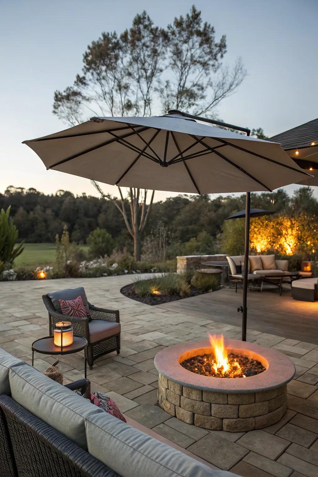 A patio umbrella adds shade and style to a fire pit area.