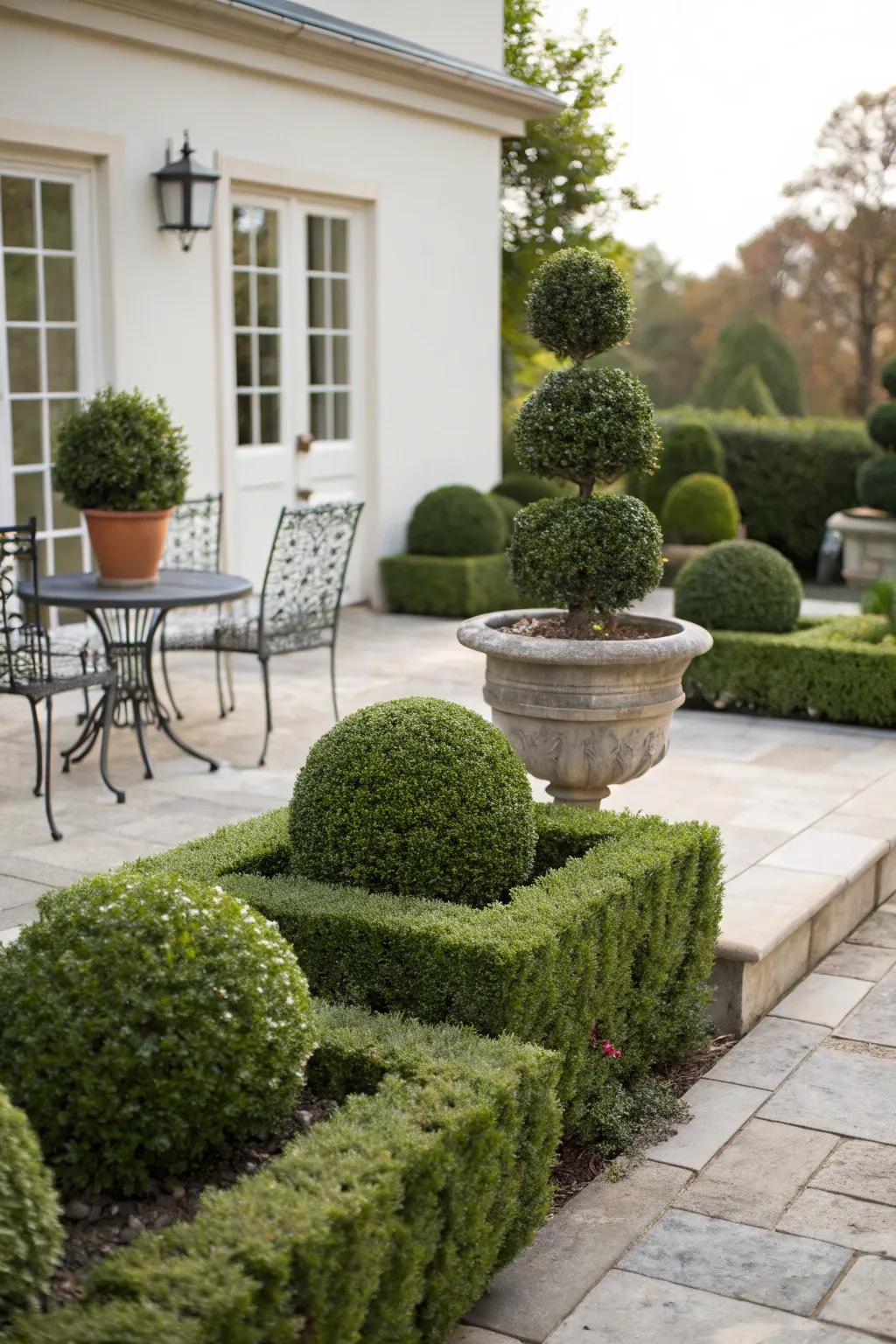 Incorporate sculptural greenery for a touch of elegance on your patio.