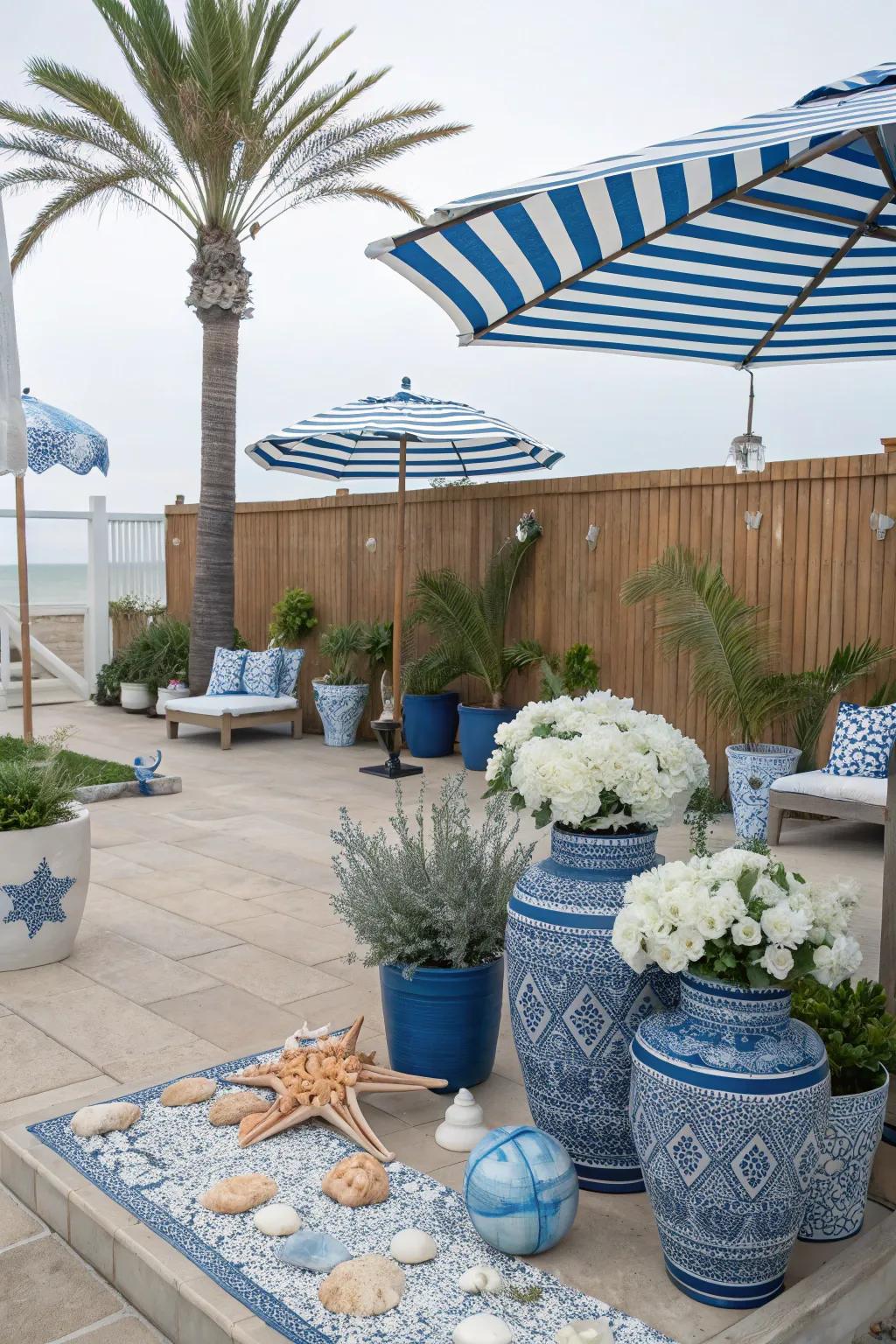 Coastal vibes on a patio with blue and white decor.