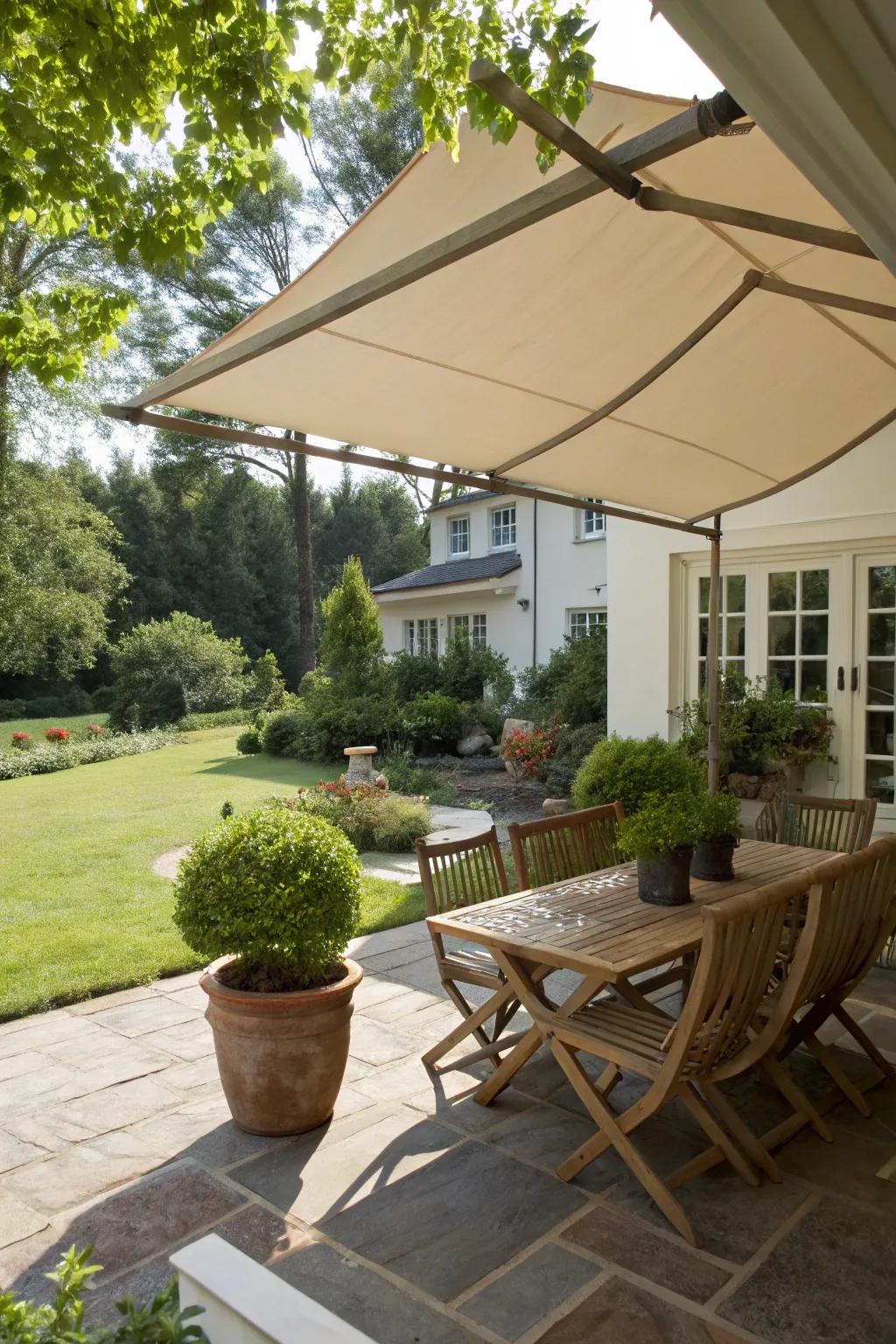 A sunshade creates a comfortable, shaded patio area.